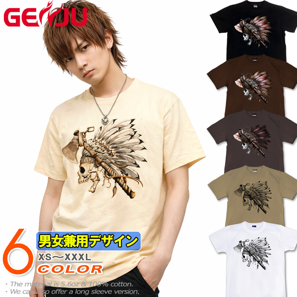 ★【GENJU】 Tシャツ メンズ スカル インディアン 鷹 トライバル 羽 ストリート系 ロック系 斧 ブランド 半袖 長袖 ｔシャツ ティーシャツ ロンT Native Spirits ブラック 黒 カーキ ホワイト 白 大きめサイズあり XXL XXXL 2L 3L 4L 90-140cm XS-XXXL