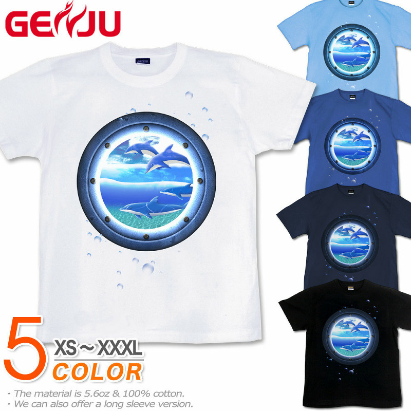 ★【GENJU】 メンズ Tシャツ イルカ Tシャツ ドルフィン 夏 海 水族館 潜水 アメカジ 潜水艦 バカンス グラフィティ ブランド 半袖 長袖 ｔシャツ ティーシャツ ロンT ブラック 黒 ホワイト 白 青 大きめサイズあり XS S M L XXL XXXL 2L 3L 4L 【Jewel Box -Dolphin-】