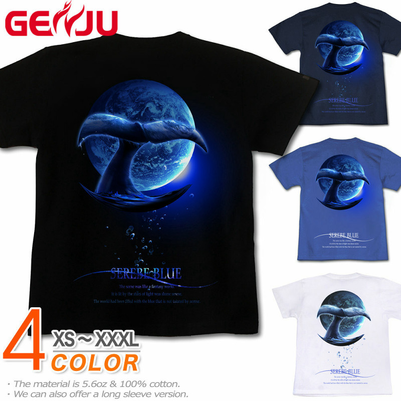 ★【GENJU】 メンズ Tシャツ 海 鯨 ホエール くじら 夏 綺麗め クジラ アメカジ ブランド ｔシャツ ティーシャツ 半袖 長袖 ロンT ブラック 黒 ネイビー ホワイト 白 青 大きめサイズあり XS S M L XXL XXXL 2L 3L 4L 【SERENE BLUE -WHALE-】