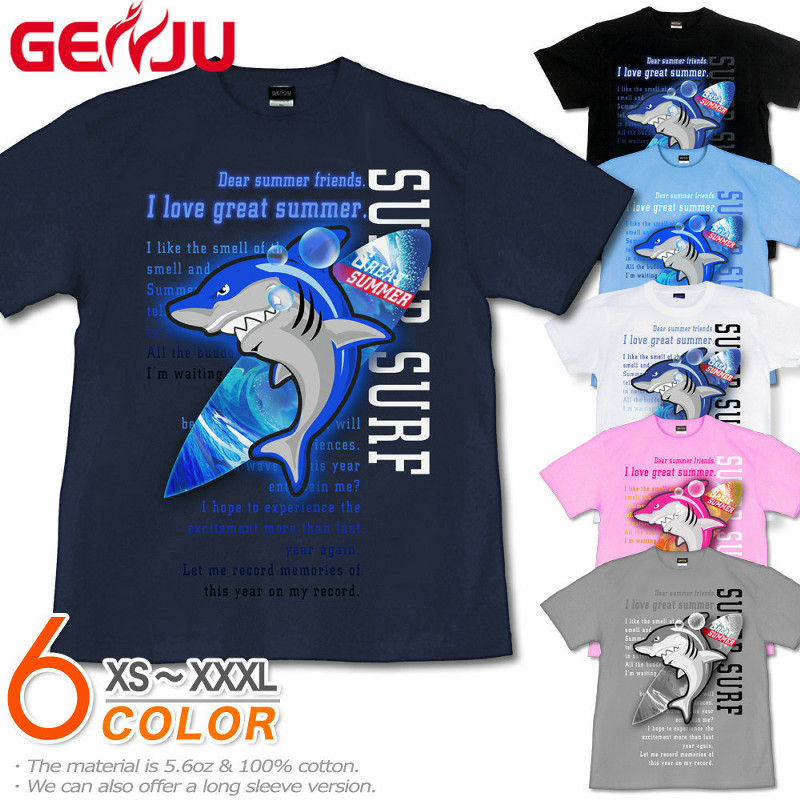 ★【GENJU】 メンズ Tシャツ 夏 鮫 サーフィン サーフボード サメ コミカル 海 波 可愛い アメカジ シャーク グラフィティ 半袖 長袖 ブランド ｔシャツ ロンT ブラック 黒 ネイビー 青 ホワイト 白 大きめサイズあり XS S M L XXL XXXL 2L 3L 4L 【Great Summer】