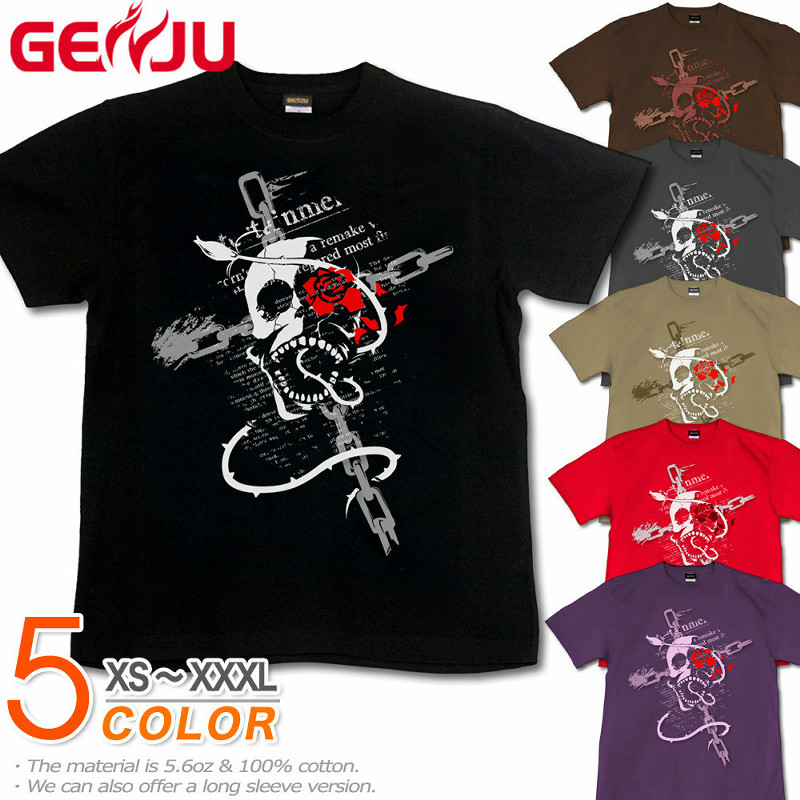 ★【GENJU】 スカルメンズ Tシャツ スカル Tシャツ ドクロ tシャツ ドクロtシャツ skull ロンt バイカー メタル 骸骨 ロック バラ 薔薇 ハード 半袖 長袖 ブランド ｔシャツ ロンT ブラック 黒 紫 ホワイト 白 大きめサイズあり XS S M L XXL XXXL 2L 3L 4L 【ROSE BLOOD】